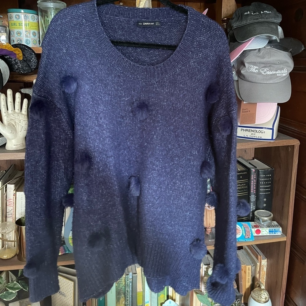 Zara Navy pom pom sweater sz small